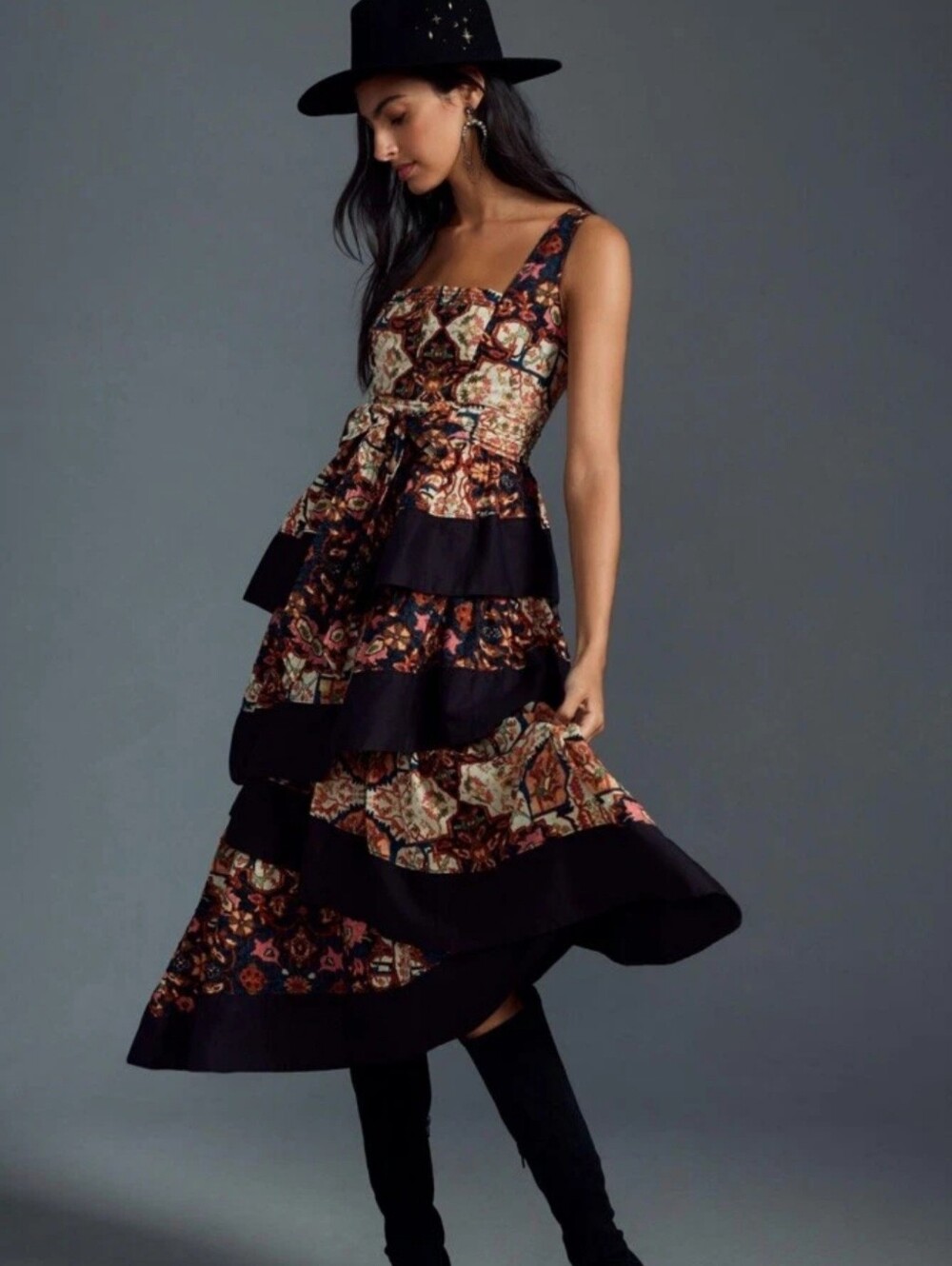 by Anthropologie Boho Floral Tiered Midi Dress Cottagecore XS